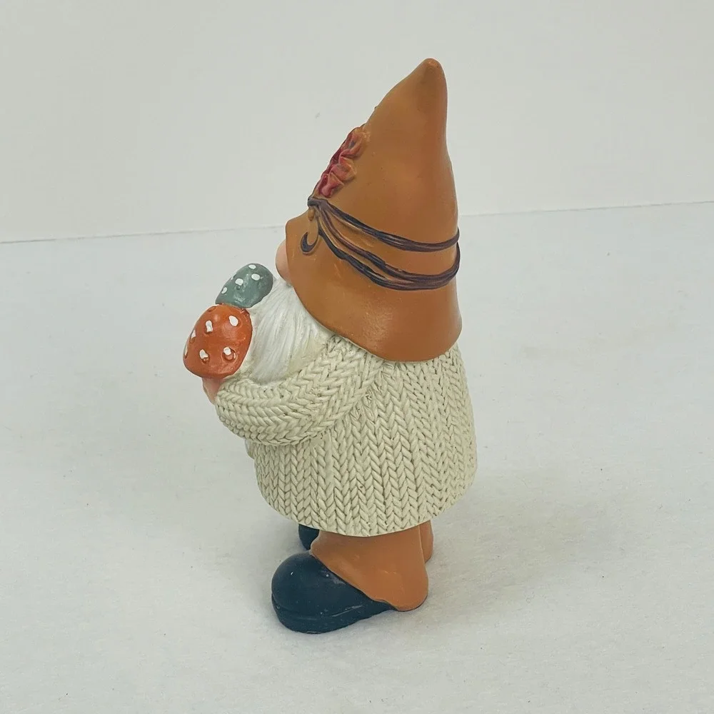 Fall Gnome Figurine Autumn Decor Cable Knit Sweater Mushrooms Brown Hat 6.5 Inch